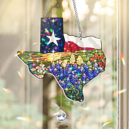 Texas Flag and Bluebonnets Flower Hologram Window Hanging VTM1526TNB