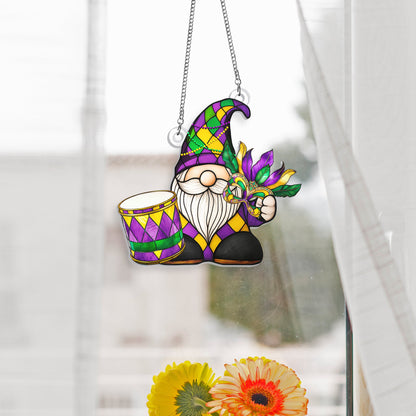 Mardi Gras Gnome Suncatcher, Fat Tuesday Carnival Parade Acrylic Hanging Sign TQN4678AS