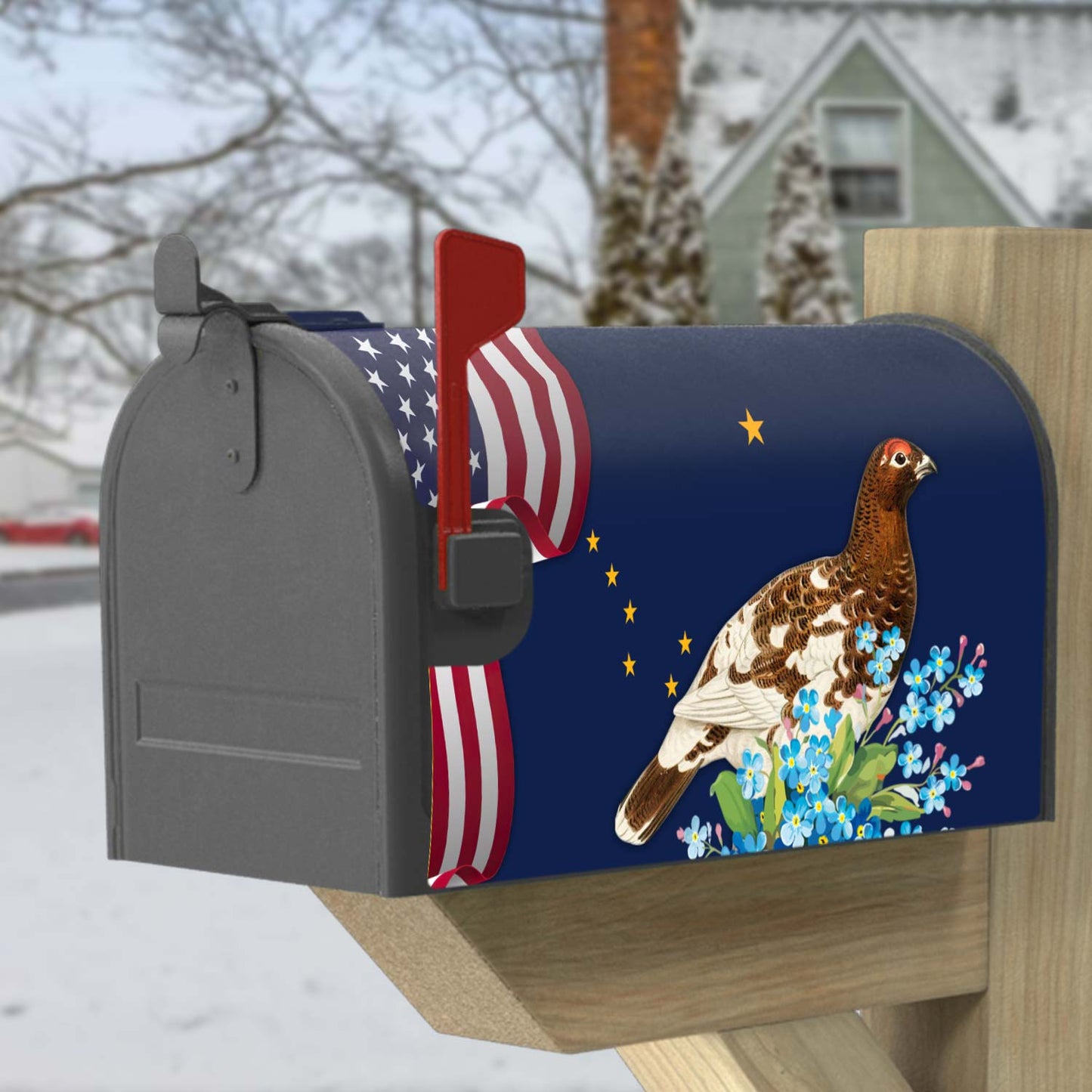 Alaska State Willow Ptarmigan Bird and Forget-Me-Not Flower Mailbox Cover  MLN1141MBv10