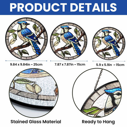 Blue Jay Birdwatching Stained Glass Suncatcher TQN5087TTH