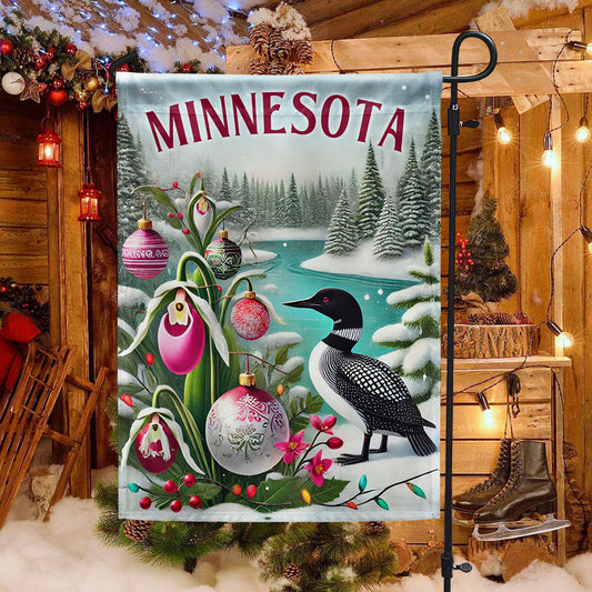 Minnesota Christmas Common Loon and Pink White Lady's Slipper Flag MLN4274F