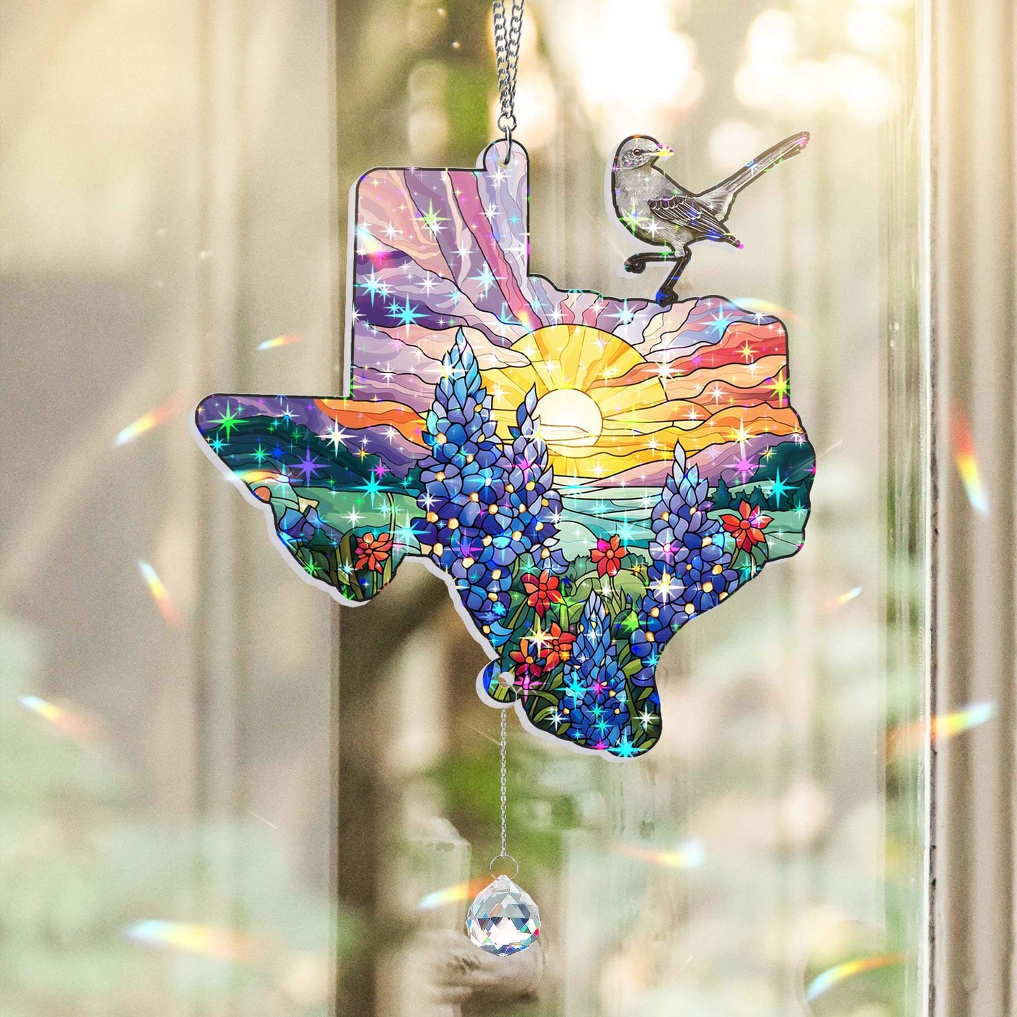 Texas with Northern Mockingbird and Bluebonnet, Texas Hologram Window Hanging TPT2759TNB