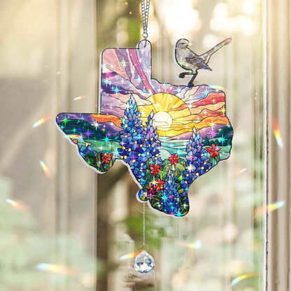 Texas with Northern Mockingbird and Bluebonnet, Texas Hologram Window Hanging TPT2759TNB