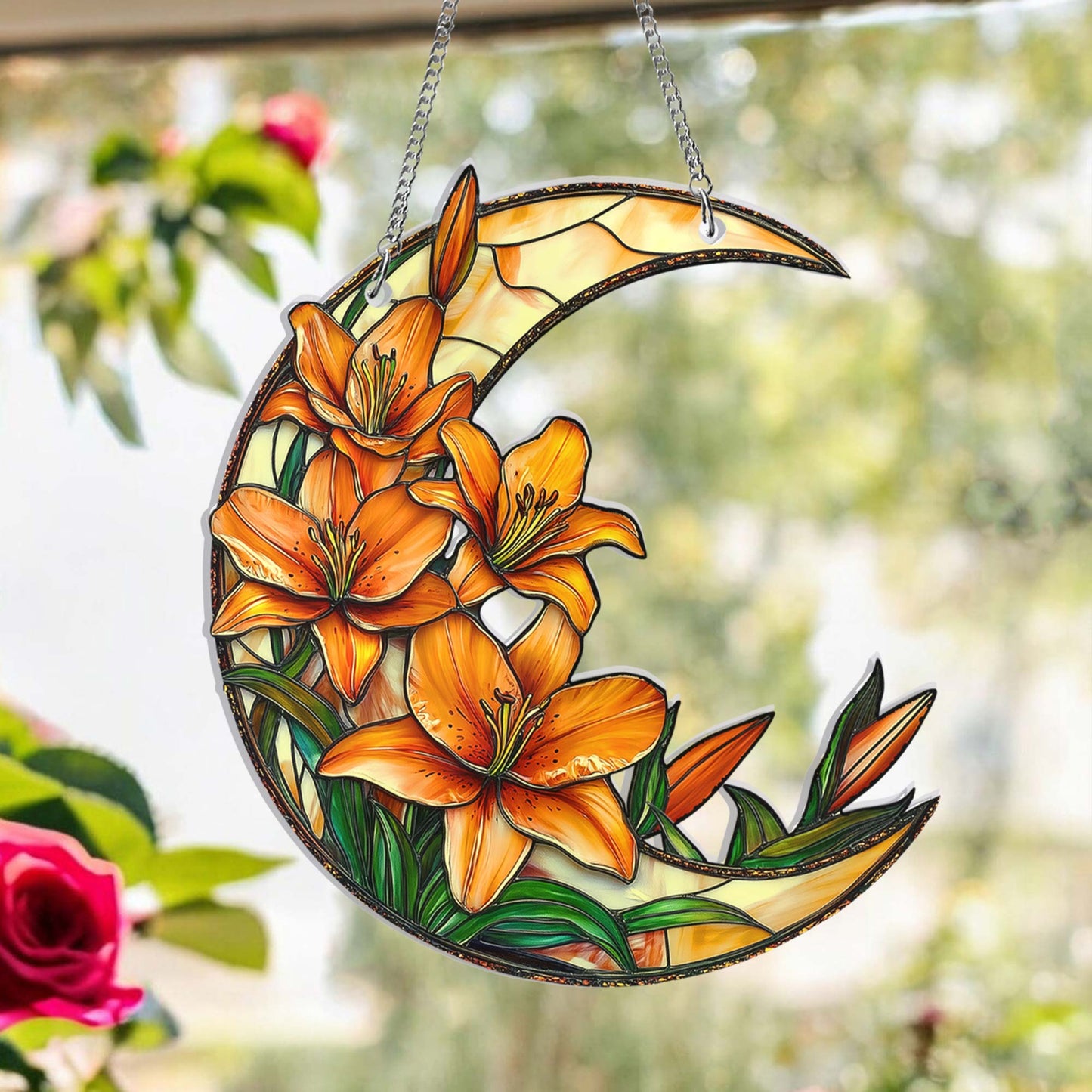 Lily Flower Acrylic Suncatcher, Crescent Moon with Lilies Suncatcher Window Hangings MLN5491HVN