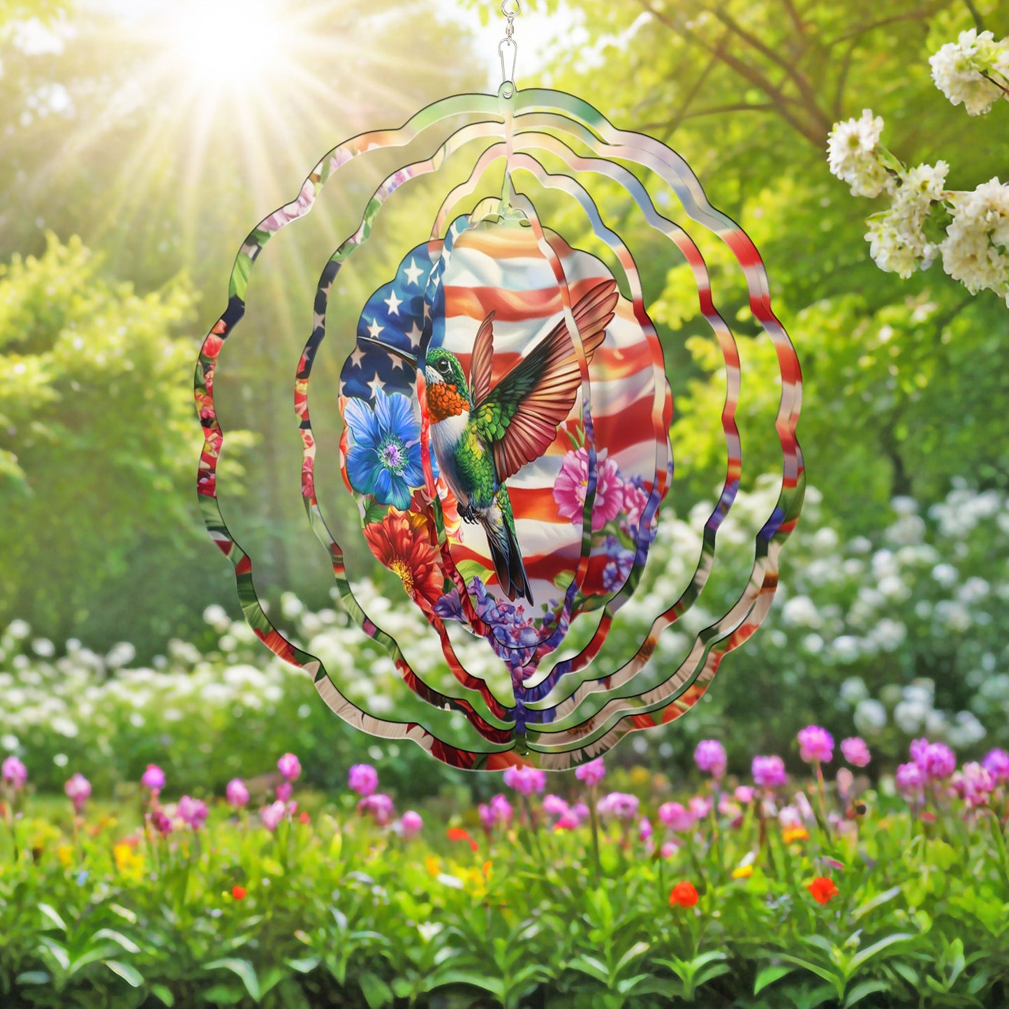 Hummingbird Flower With USA Flag Wind Spinner VTM1065HVN