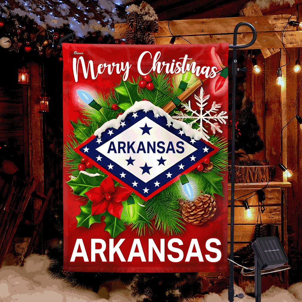 Arkansas Flag Merry Christmas Solar LED Garden Flag TQN4192SF