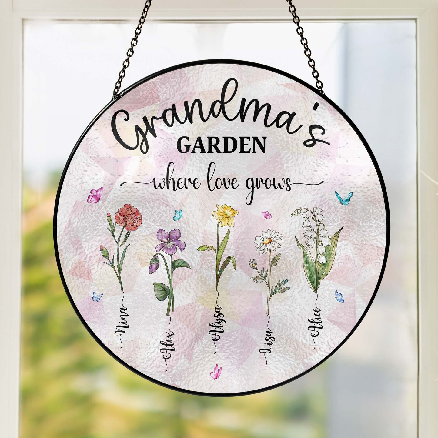 Personalized Grandma&#39;s Garden Stained Glass Suncatcher, Birth Month Flowers Stained Glass, Mothers Day Gifts For Nana Custom Garden Decor