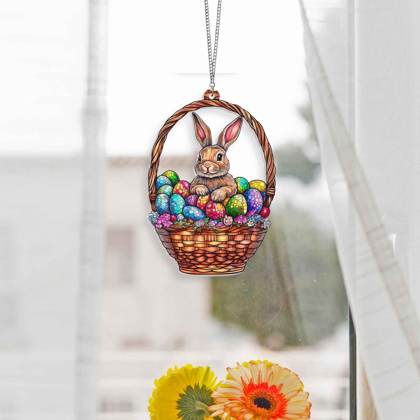 Rabbit in Egg Basket  Suncatcher Acrylic Window Hanging MLN5119DNV
