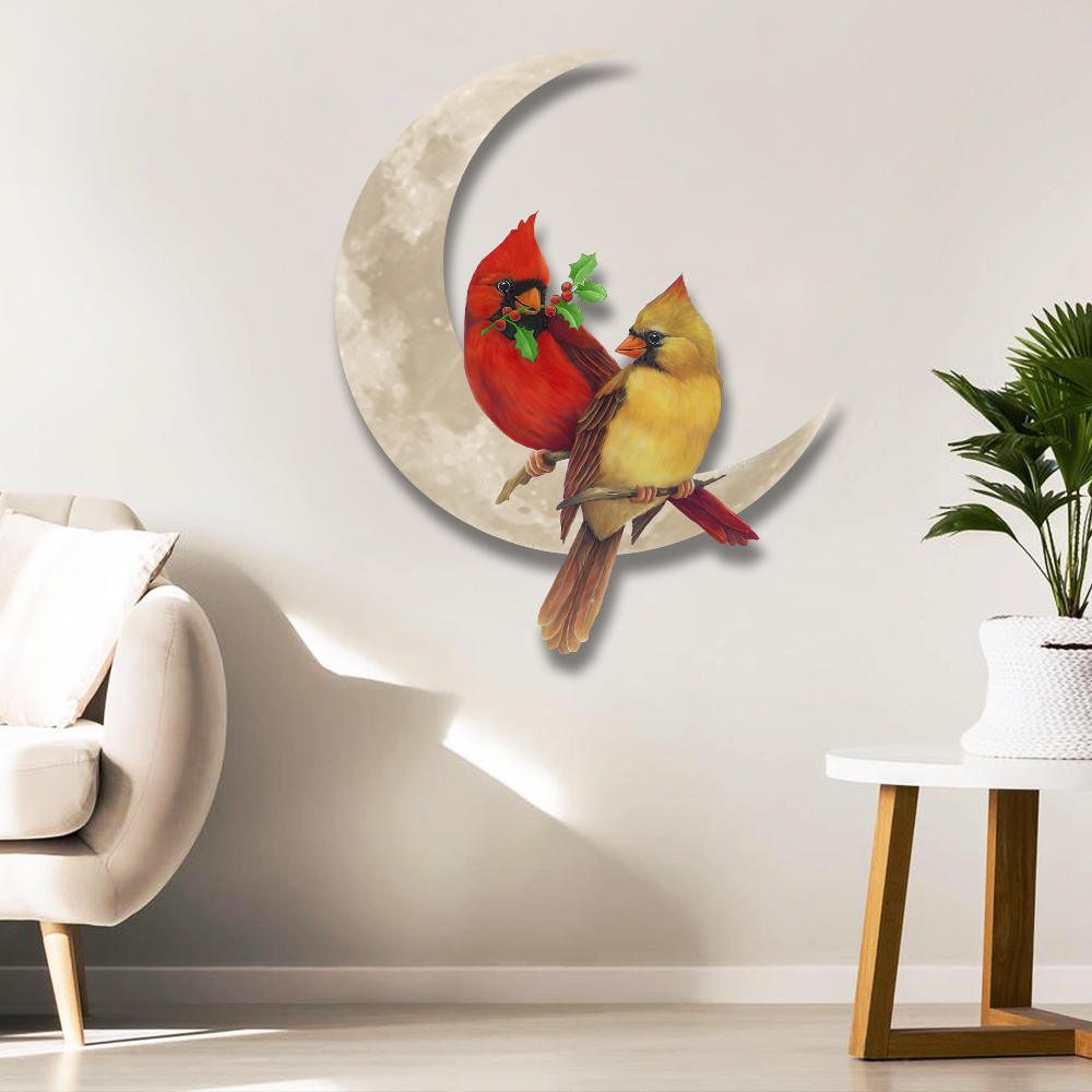 Cardinal Couple On The Moon Hanging Metal Sign QNK1005MSv12