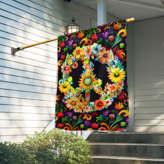 Hippie Flag - Peace Sign Canvas Flag with Boho Flower Print for Indoor Outdoor Decoration