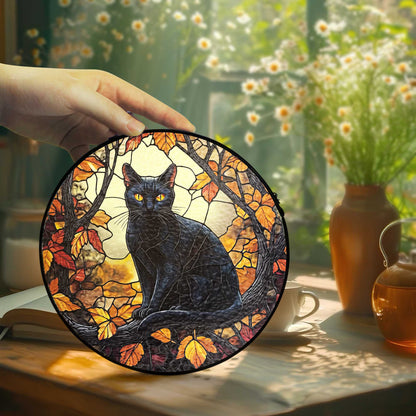 Black Cat Halloween Fall Stained Glass Window Hanging