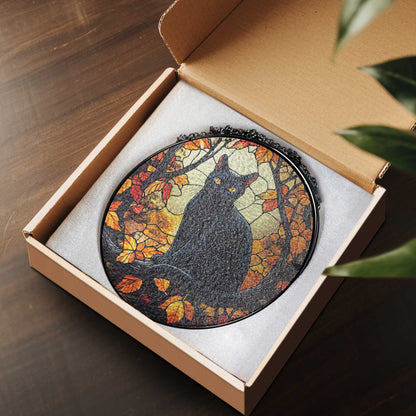 Black Cat Halloween Fall Stained Glass Window Hanging
