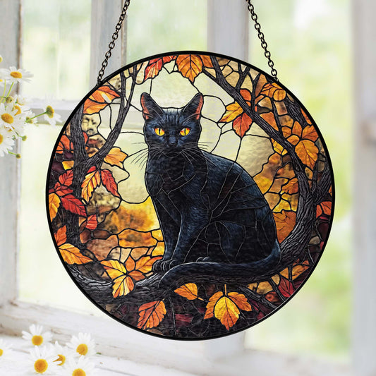 Black Cat Halloween Fall Stained Glass Window Hanging