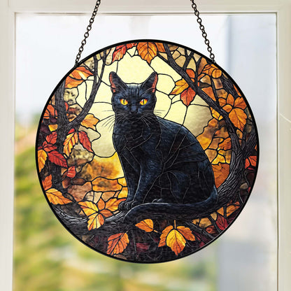 Black Cat Halloween Fall Stained Glass Window Hanging