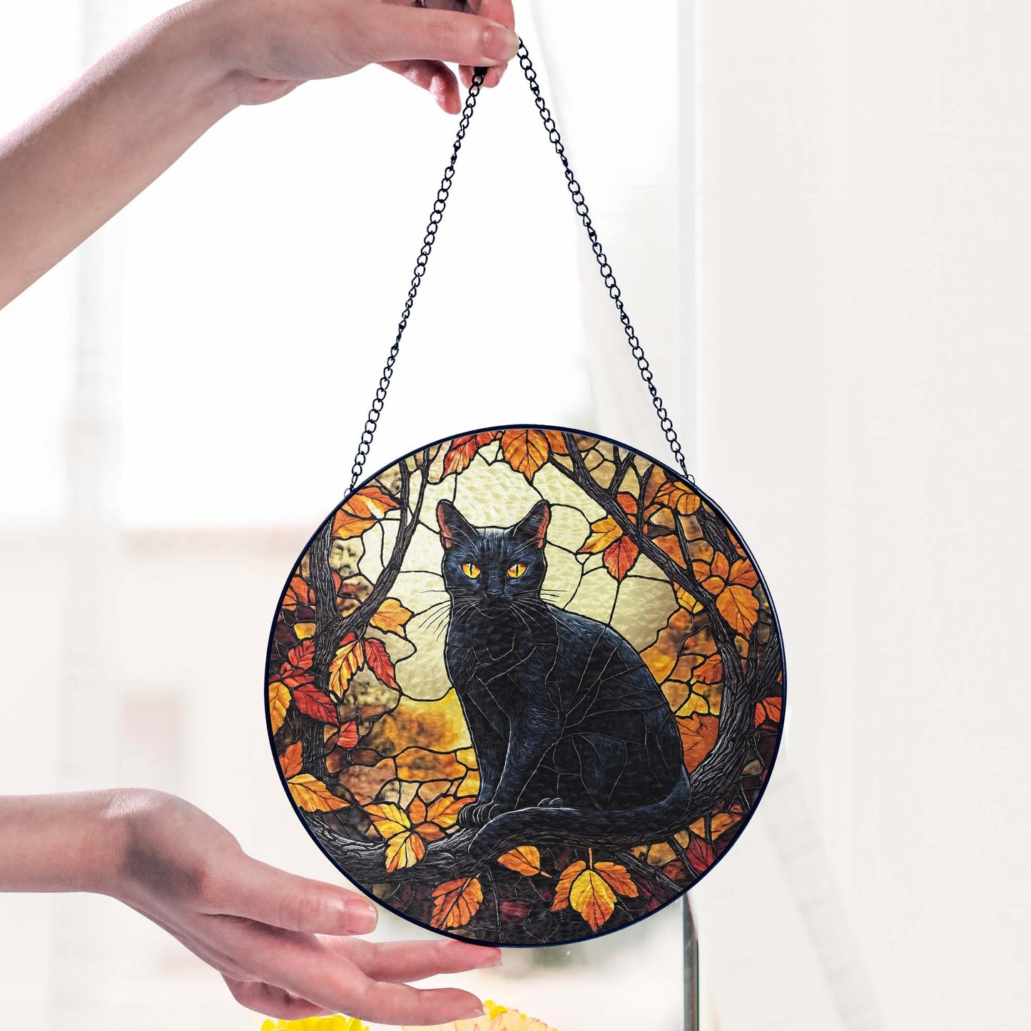 Black Cat Halloween Fall Stained Glass Window Hanging