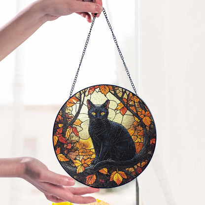 Black Cat Halloween Fall Stained Glass Window Hanging