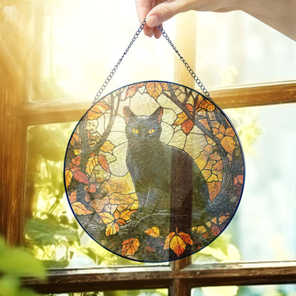 Black Cat Halloween Fall Stained Glass Window Hanging