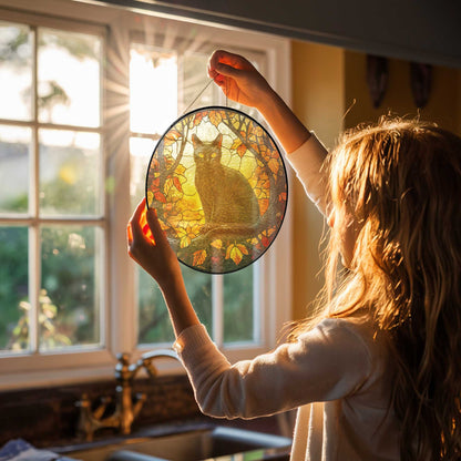 Black Cat Halloween Fall Stained Glass Window Hanging