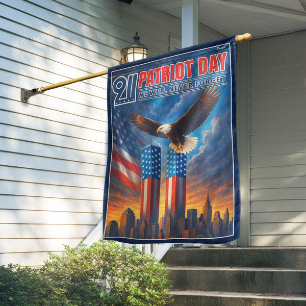 American Flag - We Will Never Forget 9/11 Flag with Twin Towers and Eagle