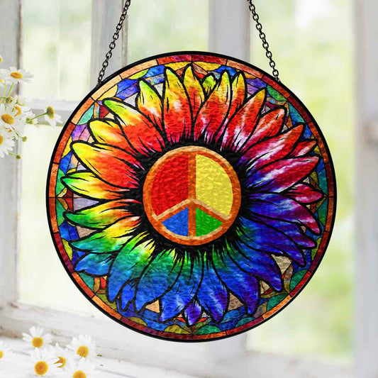 Hippie Stained Glass Suncatcher - Sunflower Peace Sign Acrylic Window Hanging