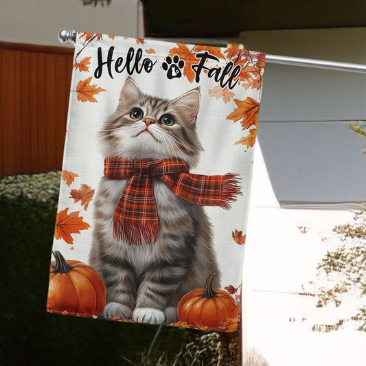 Hello Fall Cat Flag - Cute Thanksgiving Cat Garden Flag for Fall Outdoor Decor