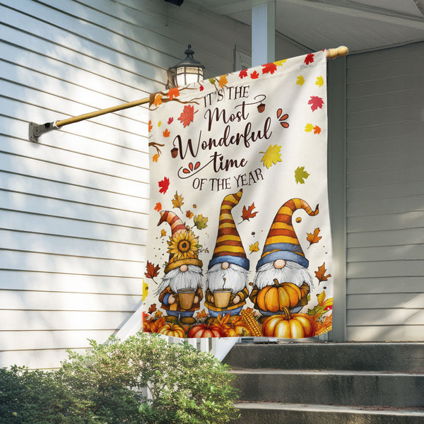 Gnome Fall Flag - Pumpkin Maple Leaves Autumn Canvas Flag For House Yard Lawn Outdoor Decor