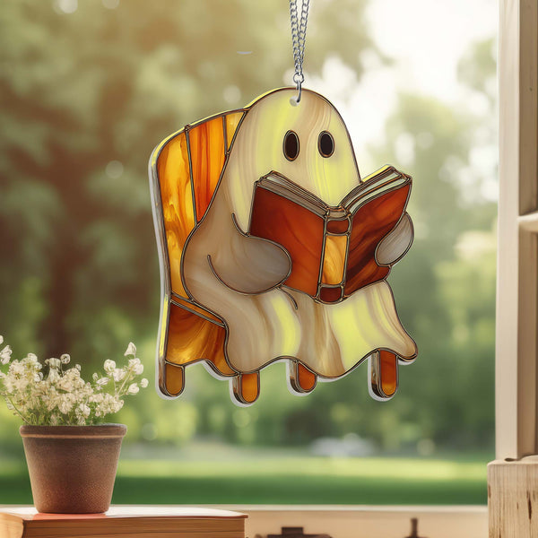 Halloween Ghost Reading Book Acrylic Suncatcher -  Cute Window Hanging for Spooky Home Decor