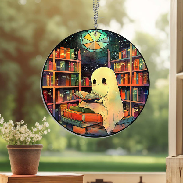 Halloween Ghost Reading Book Suncatcher - Cute Window Hanging for Book Lovers
