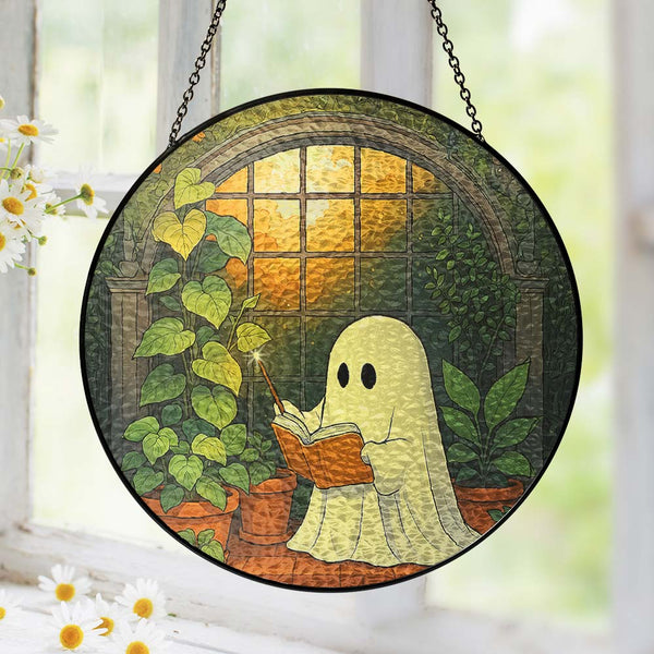 Cute Ghost at Greenhouse Suncatcher - Stained Glass Window Hanging For Plant Lovers