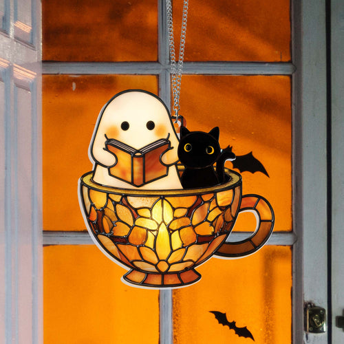 Reading Ghost in Teacup Suncatcher - Halloween Acrylic Window Hanging for Book Lovers