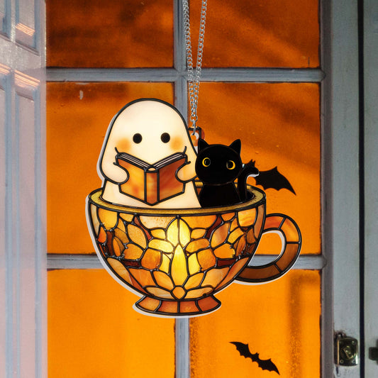 Reading Ghost in Teacup Suncatcher - Halloween Acrylic Window Hanging for Book Lovers