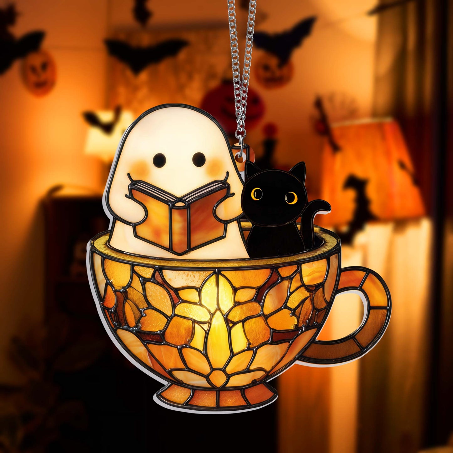 Reading Ghost in Teacup Suncatcher - Halloween Acrylic Window Hanging for Book Lovers