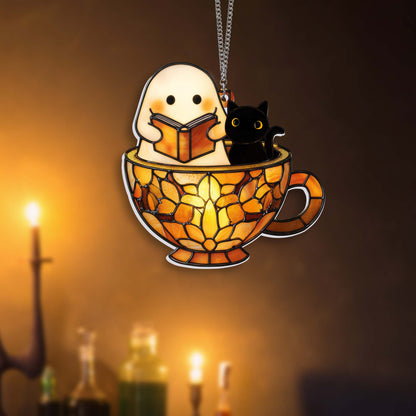 Reading Ghost in Teacup Suncatcher - Halloween Acrylic Window Hanging for Book Lovers