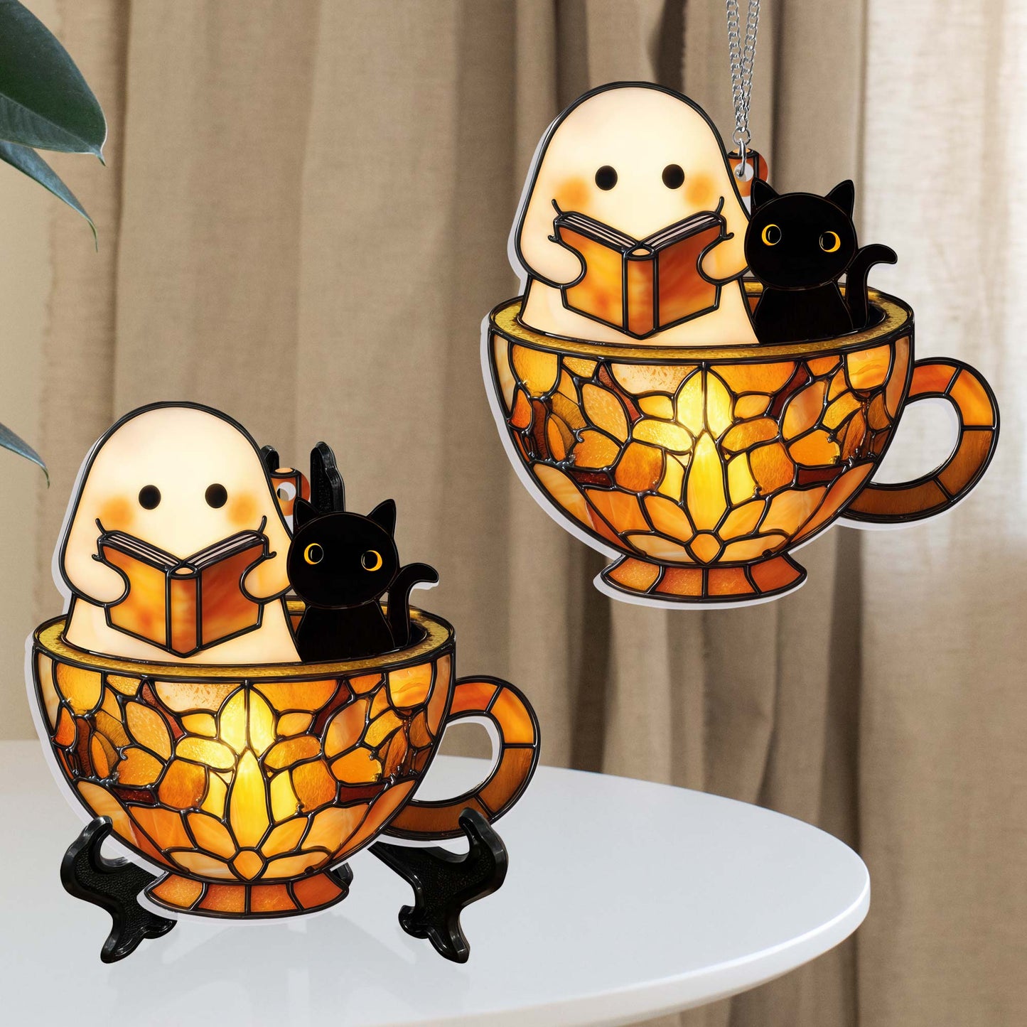 Reading Ghost in Teacup Suncatcher - Halloween Acrylic Window Hanging for Book Lovers