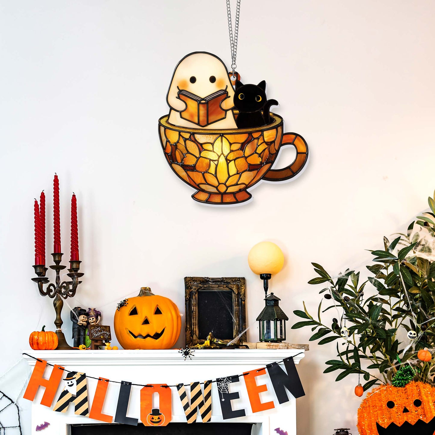 Reading Ghost in Teacup Suncatcher - Halloween Acrylic Window Hanging for Book Lovers