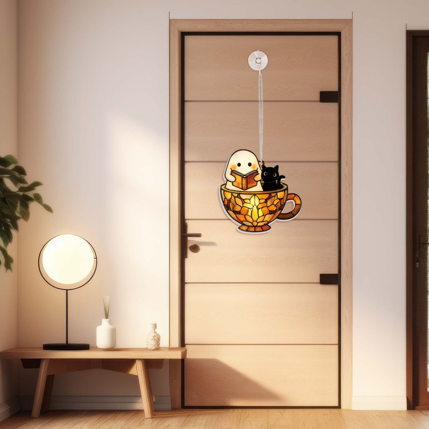Reading Ghost in Teacup Suncatcher - Halloween Acrylic Window Hanging for Book Lovers