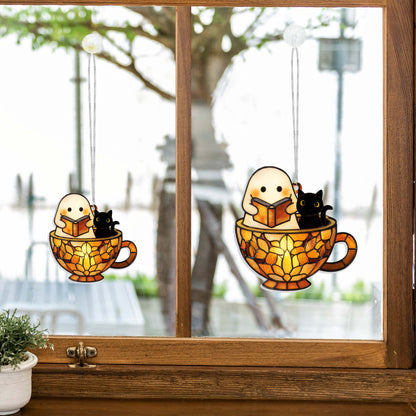 Reading Ghost in Teacup Suncatcher - Halloween Acrylic Window Hanging for Book Lovers