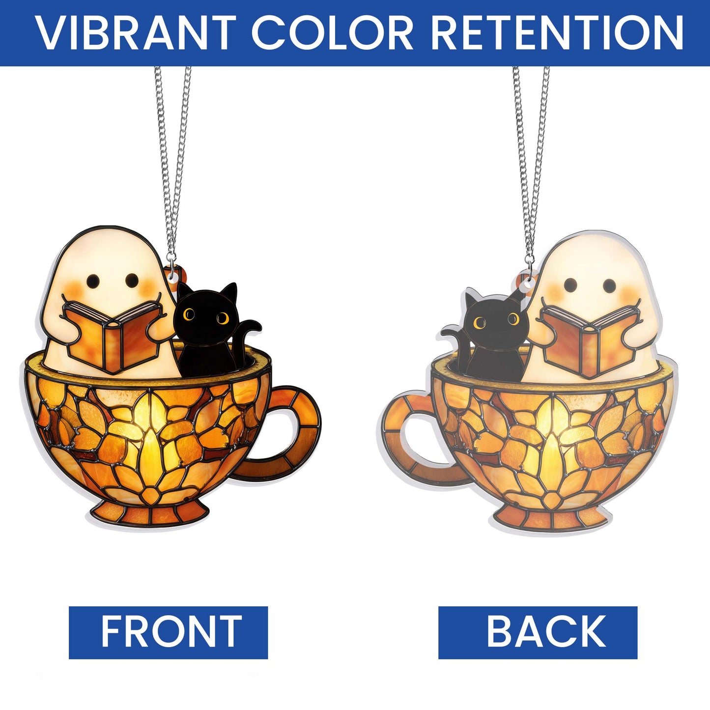 Reading Ghost in Teacup Suncatcher - Halloween Acrylic Window Hanging for Book Lovers