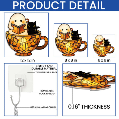 Reading Ghost in Teacup Suncatcher - Halloween Acrylic Window Hanging for Book Lovers