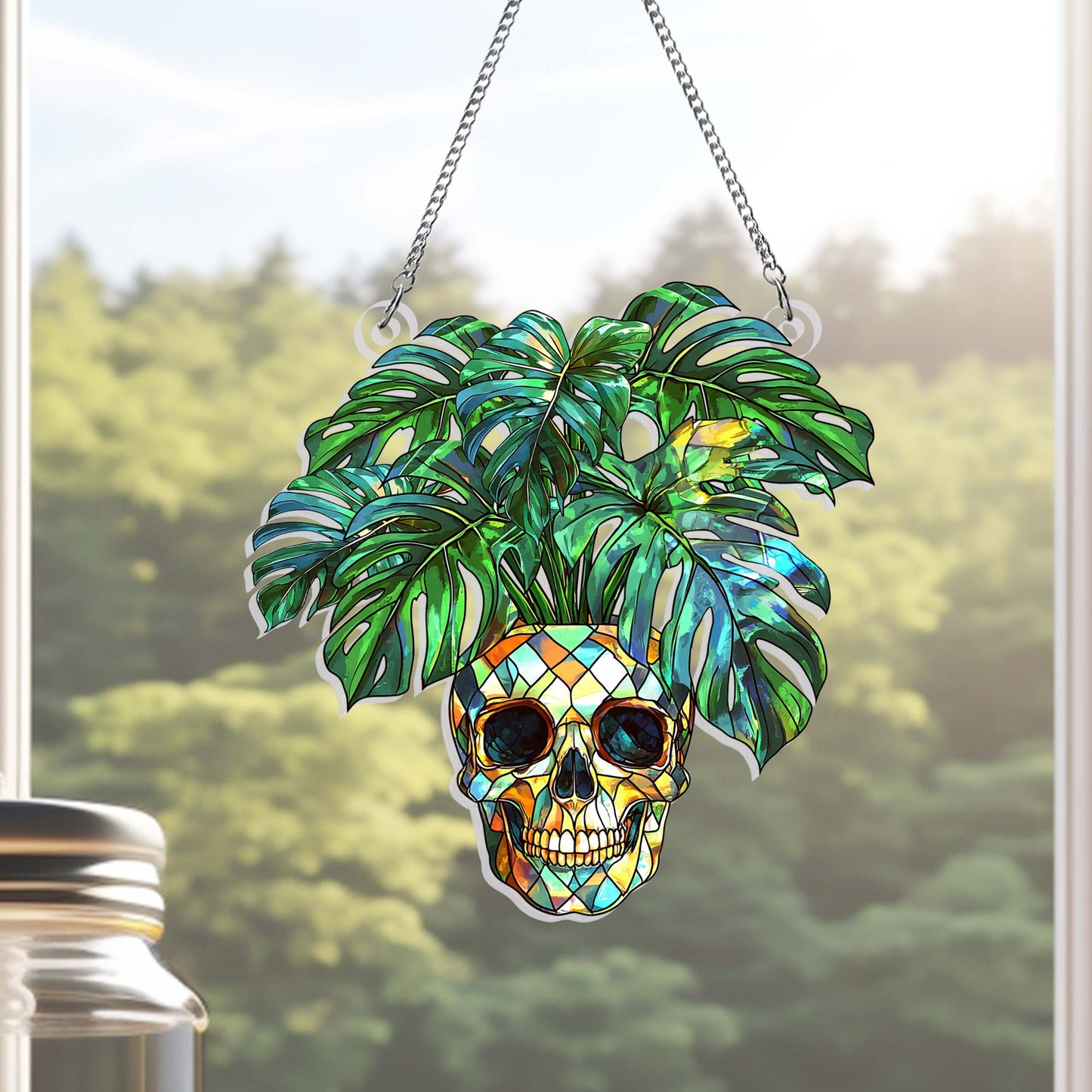 Skull & Monstera Acrylic Suncatcher - Halloween Ghost Hangings for Plant Lovers