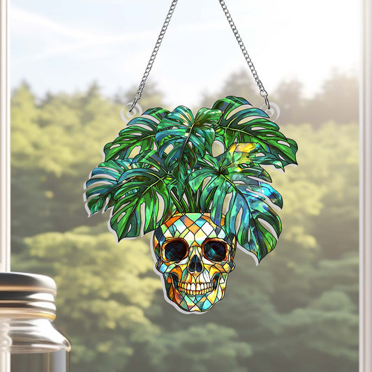 Skull & Monstera Acrylic Suncatcher - Halloween Ghost Hangings for Plant Lovers