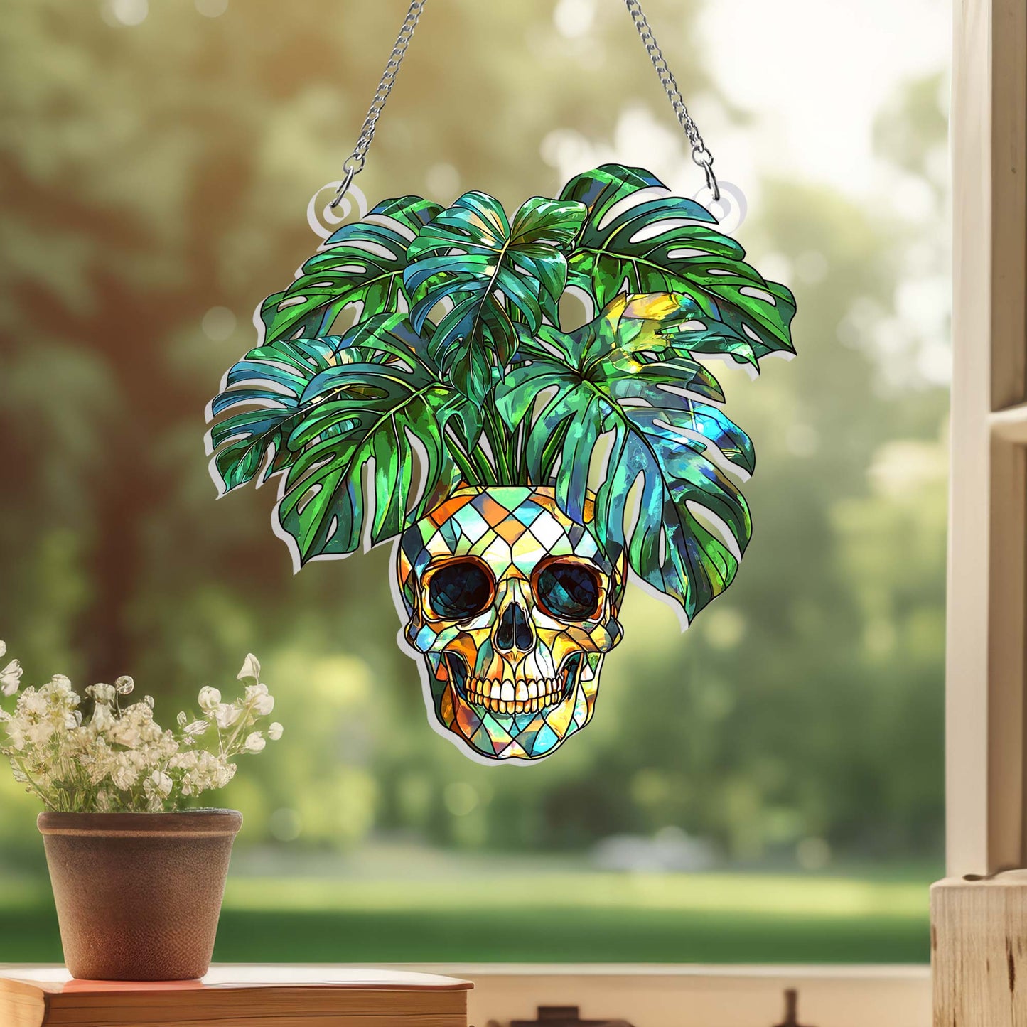 Skull & Monstera Acrylic Suncatcher - Halloween Ghost Hangings for Plant Lovers