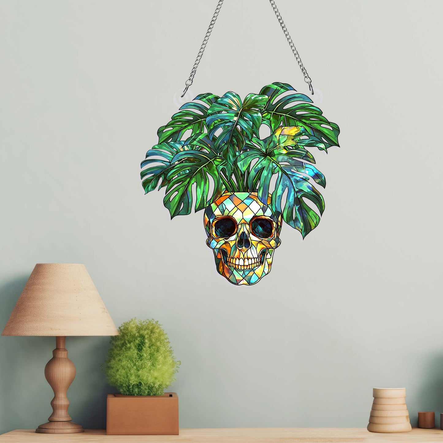 Skull & Monstera Acrylic Suncatcher - Halloween Ghost Hangings for Plant Lovers