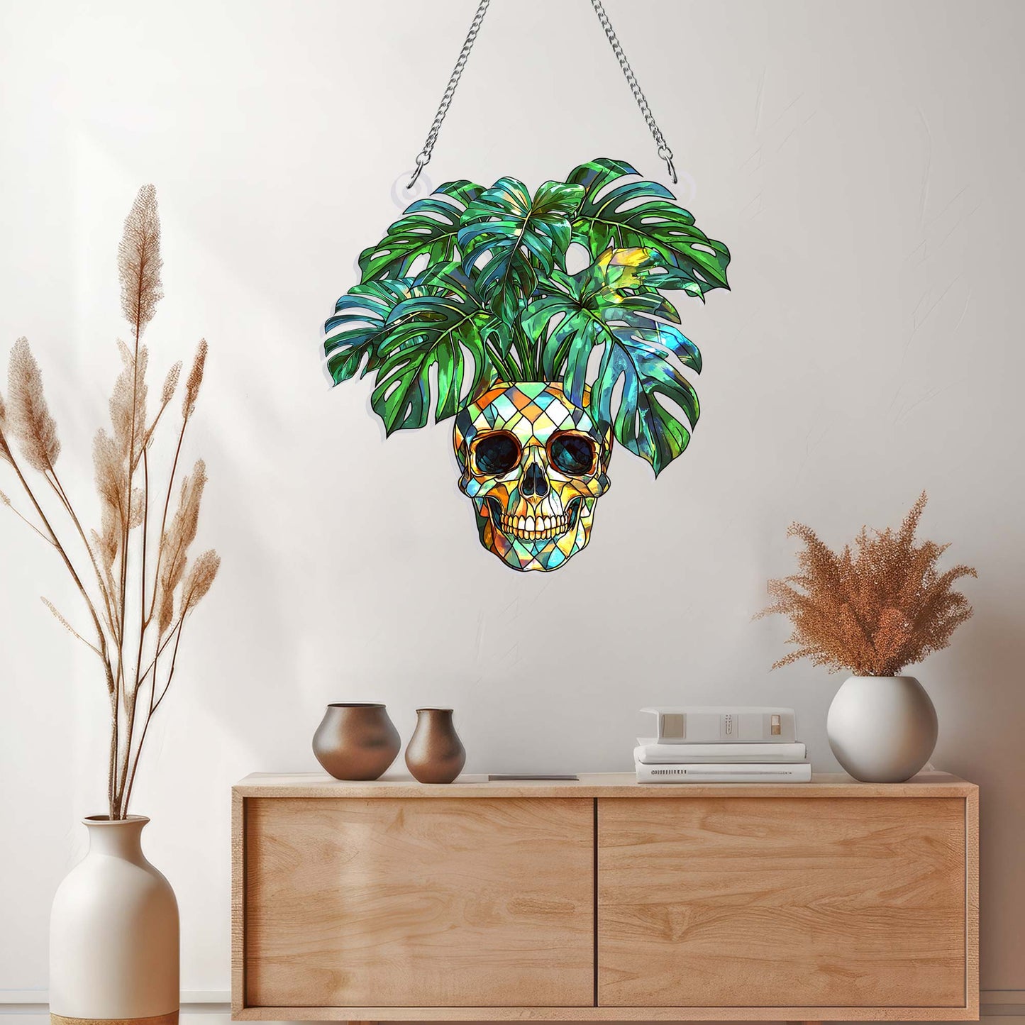 Skull & Monstera Acrylic Suncatcher - Halloween Ghost Hangings for Plant Lovers