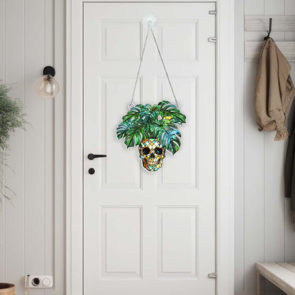 Skull & Monstera Acrylic Suncatcher - Halloween Ghost Hangings for Plant Lovers
