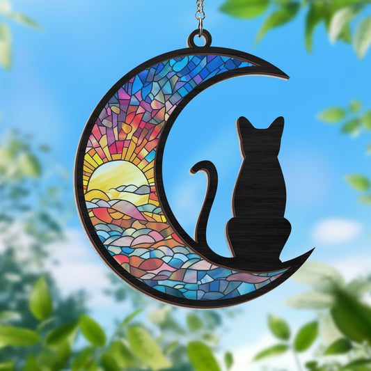Black Cat On The Moon 2 Layered Hanging Suncatcher TQN1673WH