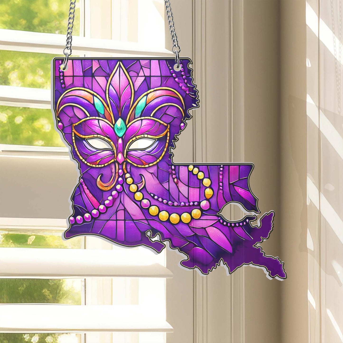 Louisiana Map Mardi Gras Suncatcher Acrylic Hanging Sign TQN4573AS