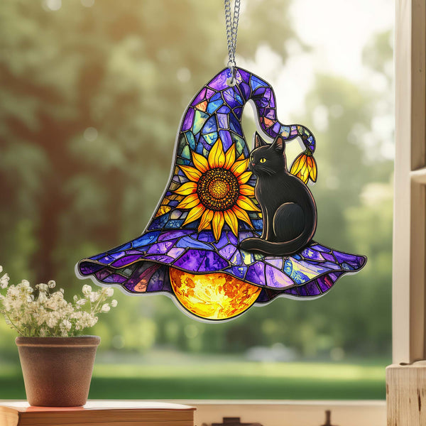Halloween Witch Hat Suncatcher - Cat Witch Acrylic Window Hanging for Spooky Decor