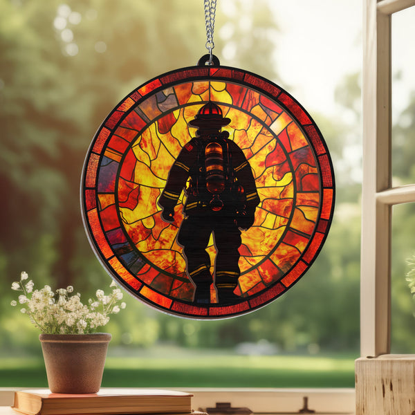Firefighter Suncatcher Patriotic 9/11 Tribute Gift, Retired Fireman Memorial Ornament, First Responder Window Decor, Never Forget Hanging Decoration