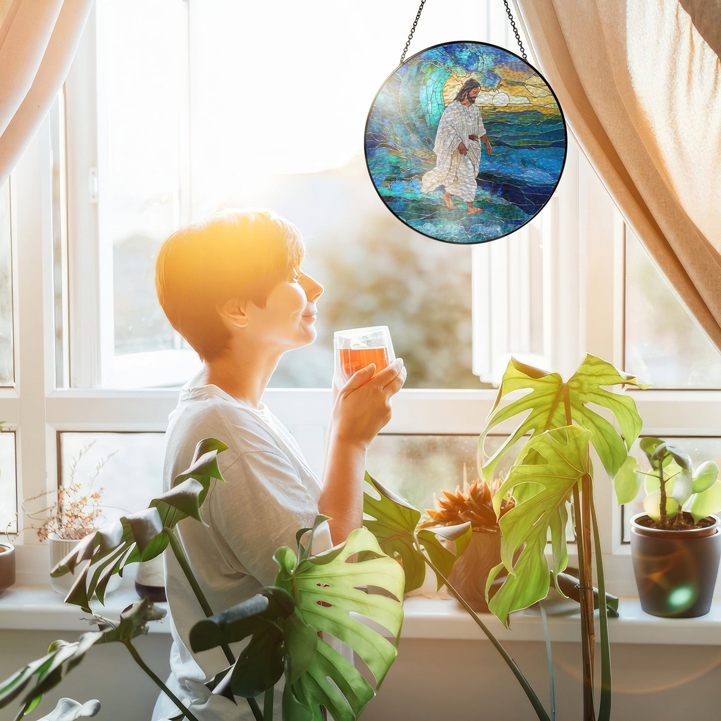 Jesus Christ Stained Glass Suncatcher – Inspirational Handcrafted Religious Window Decor for Evergreen Spiritual Home and Gift